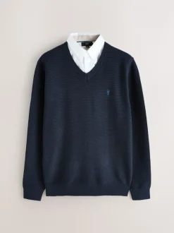 Donkerblauw - Regular Fit getextureerde schijn-Oxford overhemdtrui