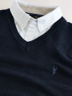Donkerblauw - Regular Fit getextureerde schijn-Oxford overhemdtrui
