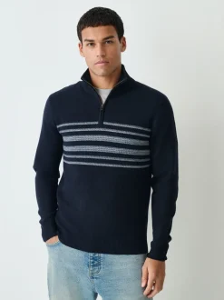 Donkerblauw - Regular Fit Essential Chest Block Stripe Quarter Zip Neck Jumper