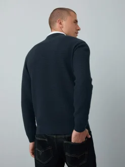 Donkerblauw - Regular Fit getextureerde schijn-Oxford overhemdtrui