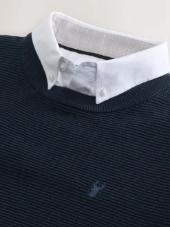 Donkerblauw - Regular Fit getextureerde schijn-Oxford overhemdtrui