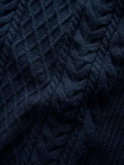 Donkerblauw - Regular Fit Aran Cable Knit Crew Neck Jumper with Wool