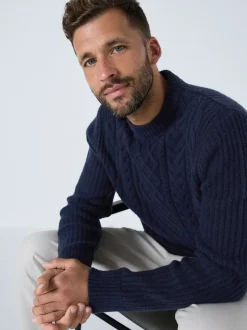 Donkerblauw - Regular Fit Aran Cable Knit Crew Neck Jumper with Wool