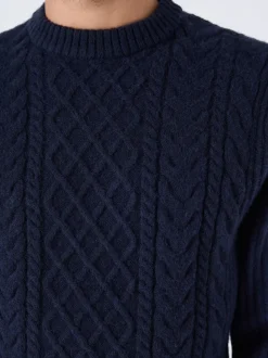 Donkerblauw - Regular Fit Aran Cable Knit Crew Neck Jumper with Wool
