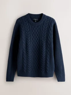 Donkerblauw - Regular Fit Aran Cable Knit Crew Neck Jumper with Wool