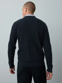 Donkerblauw - Regular Fit Mini Cable Mock Shirt Jumper