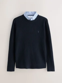 Donkerblauw - Regular Fit Mini Cable Mock Shirt Jumper
