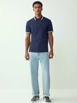 Donkerblauw - Regular fit poloshirt met korte mouwen en contrasterende randen