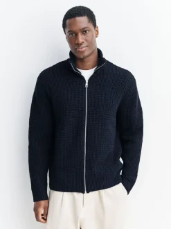 Donkerblauw - Regular Fit Waffle Texture Chenille Zip Through Cardigan