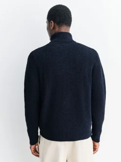 Donkerblauw - Regular Fit Waffle Texture Chenille Zip Through Cardigan