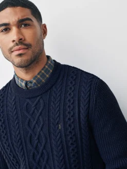 Donkerblauw - Regular Fit Aran Cable Mock Shirt Jumper
