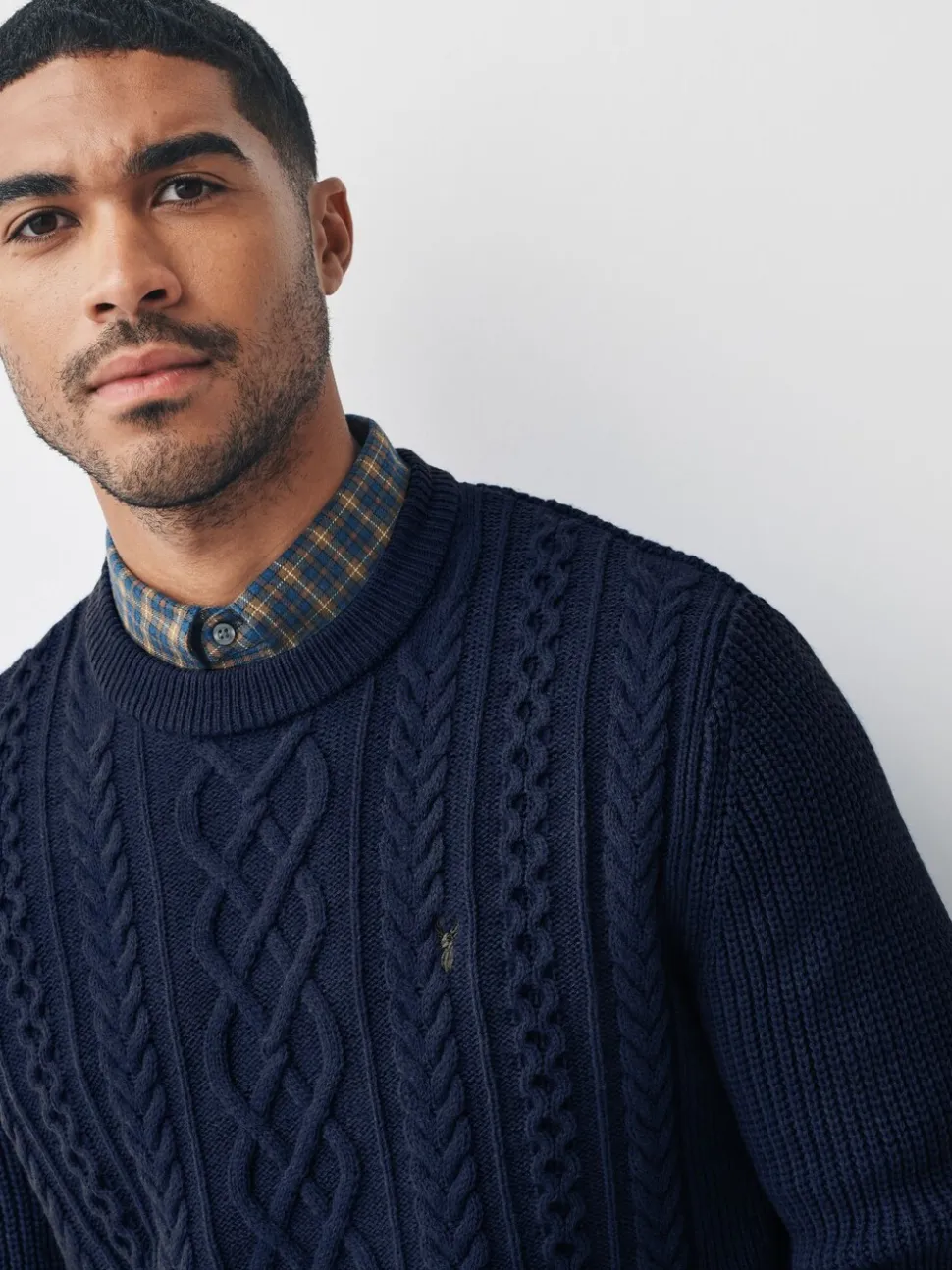 Donkerblauw - Regular Fit Aran Cable Mock Shirt Jumper