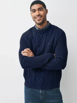 Donkerblauw - Regular Fit Aran Cable Mock Shirt Jumper