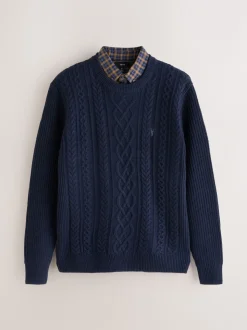 Donkerblauw - Regular Fit Aran Cable Mock Shirt Jumper