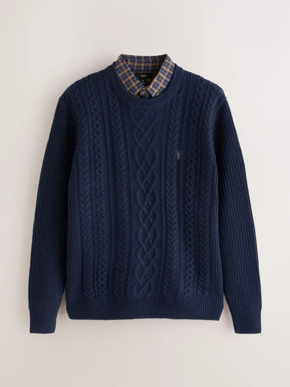 Donkerblauw - Regular Fit Aran Cable Mock Shirt Jumper