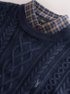 Donkerblauw - Regular Fit Aran Cable Mock Shirt Jumper