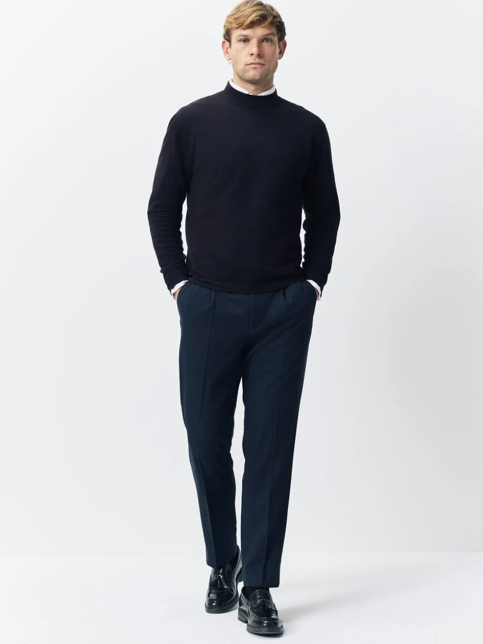 Donkerblauw - Regular Tapered Fit Smart Textured Soft Touch Trousers