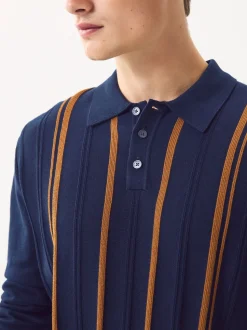 Donkerblauw - Regular-fit poloshirt met lange mouwen, streepdessin en hoog katoengehalte