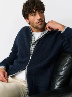 Donkerblauw - Rib Texture Zip Through Cardigan with Wool