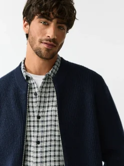 Donkerblauw - Rib Texture Zip Through Cardigan with Wool