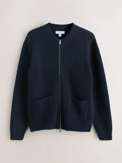 Donkerblauw - Rib Texture Zip Through Cardigan with Wool