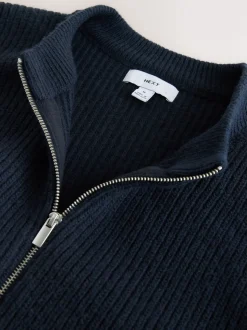 Donkerblauw - Rib Texture Zip Through Cardigan with Wool