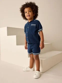 Donkerblauw - Set van gebreid poloshirt met textuur en reverskraag en shorts (3mnd -10jr)