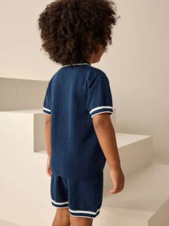 Donkerblauw - Set van gebreid poloshirt met textuur en reverskraag en shorts (3mnd -10jr)
