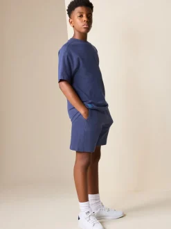 Donkerblauw - Set van T-shirt met textuur en korte mouwen en shorts (3 - 16 jr)