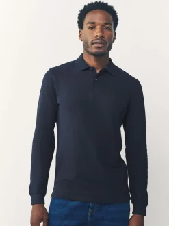 Donkerblauw - Slim Fit - Piqué polo met lange mouwen