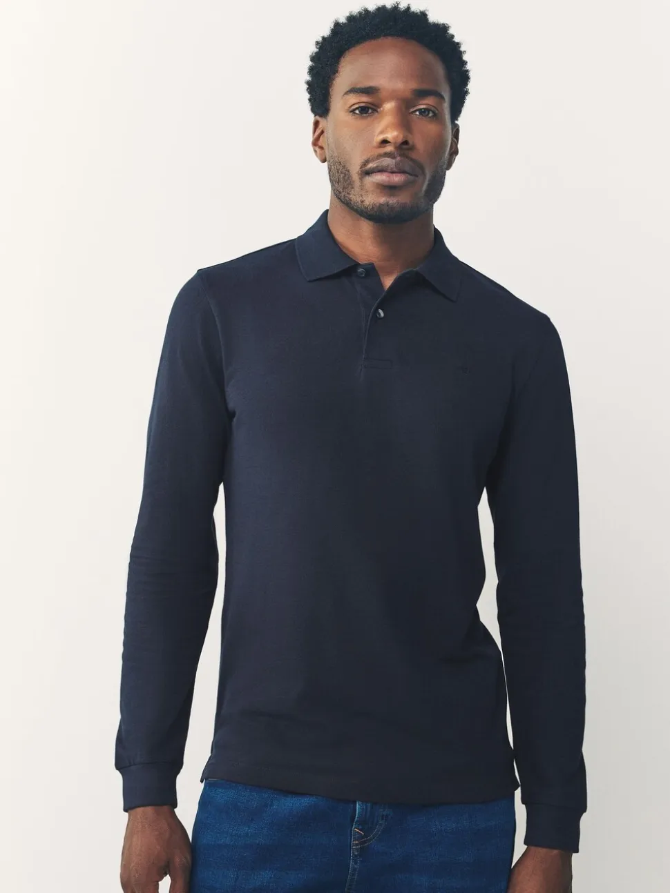 Donkerblauw - Slim Fit - Piqué polo met lange mouwen