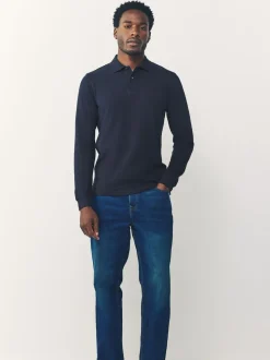 Donkerblauw - Slim Fit - Piqué polo met lange mouwen