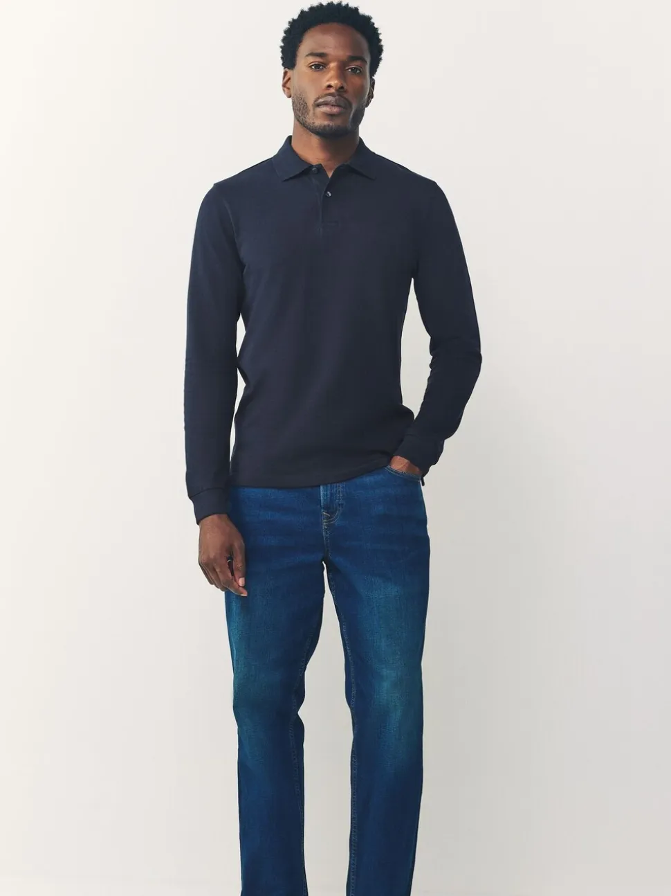Donkerblauw - Slim Fit - Piqué polo met lange mouwen