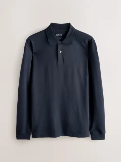 Donkerblauw - Slim Fit - Piqué polo met lange mouwen