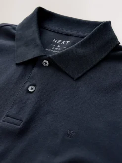 Donkerblauw - Slim Fit - Piqué polo met lange mouwen
