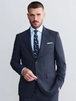 Donkerblauw - Slim-fit Signature Marzotto 100% Italiaans wollen geruit colbert
