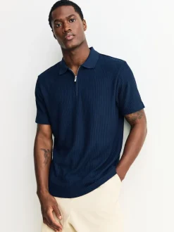 Donkerblauw - Smart poloshirt met textuur en rits