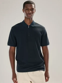 Donkerblauw - Smart poloshirt met textuur en rits