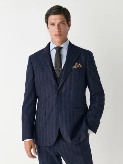 Donkerblauw - Tailored Fit Striped Wool Blend Suit Jacket