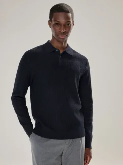 Donkerblauw - Textuur - Regular Fit Essential Long Sleeve Knitted Polo Shirt