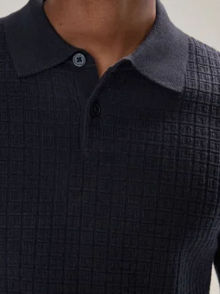Donkerblauw - Textuur - Regular Fit Essential Long Sleeve Knitted Polo Shirt