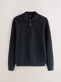 Donkerblauw - Textuur - Regular Fit Essential Long Sleeve Knitted Polo Shirt