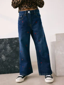 Donkerblauw - Wijde jeans met Bloemenprint en versieringen (3-16jr)