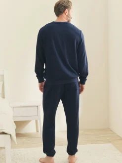 Donkerblauw - Zachte pyjama met top met wafeldessin en lange mouwen