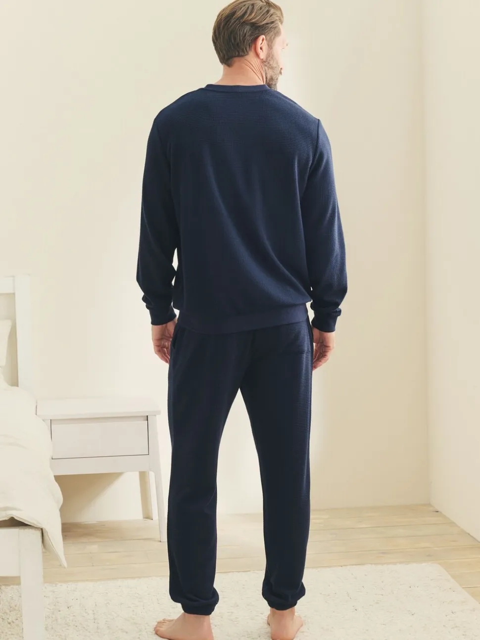 Donkerblauw - Zachte pyjama met top met wafeldessin en lange mouwen