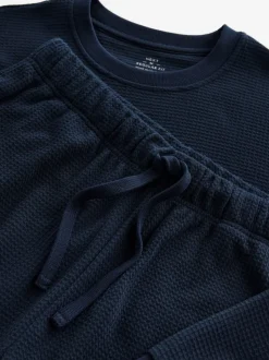 Donkerblauw - Zachte pyjama met top met wafeldessin en lange mouwen