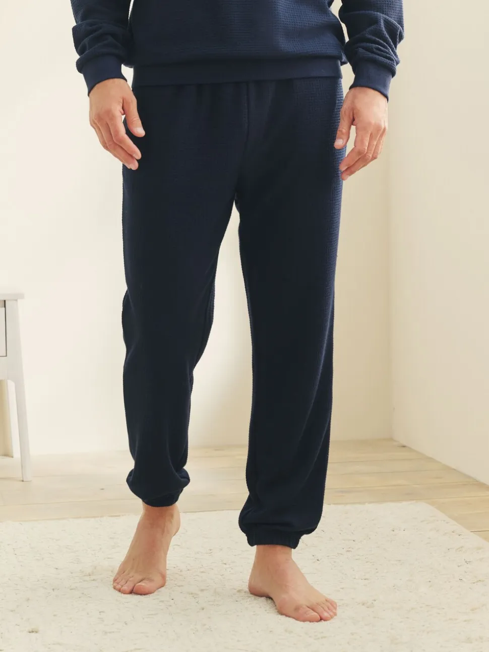 Donkerblauw - Zachte pyjama met top met wafeldessin en lange mouwen