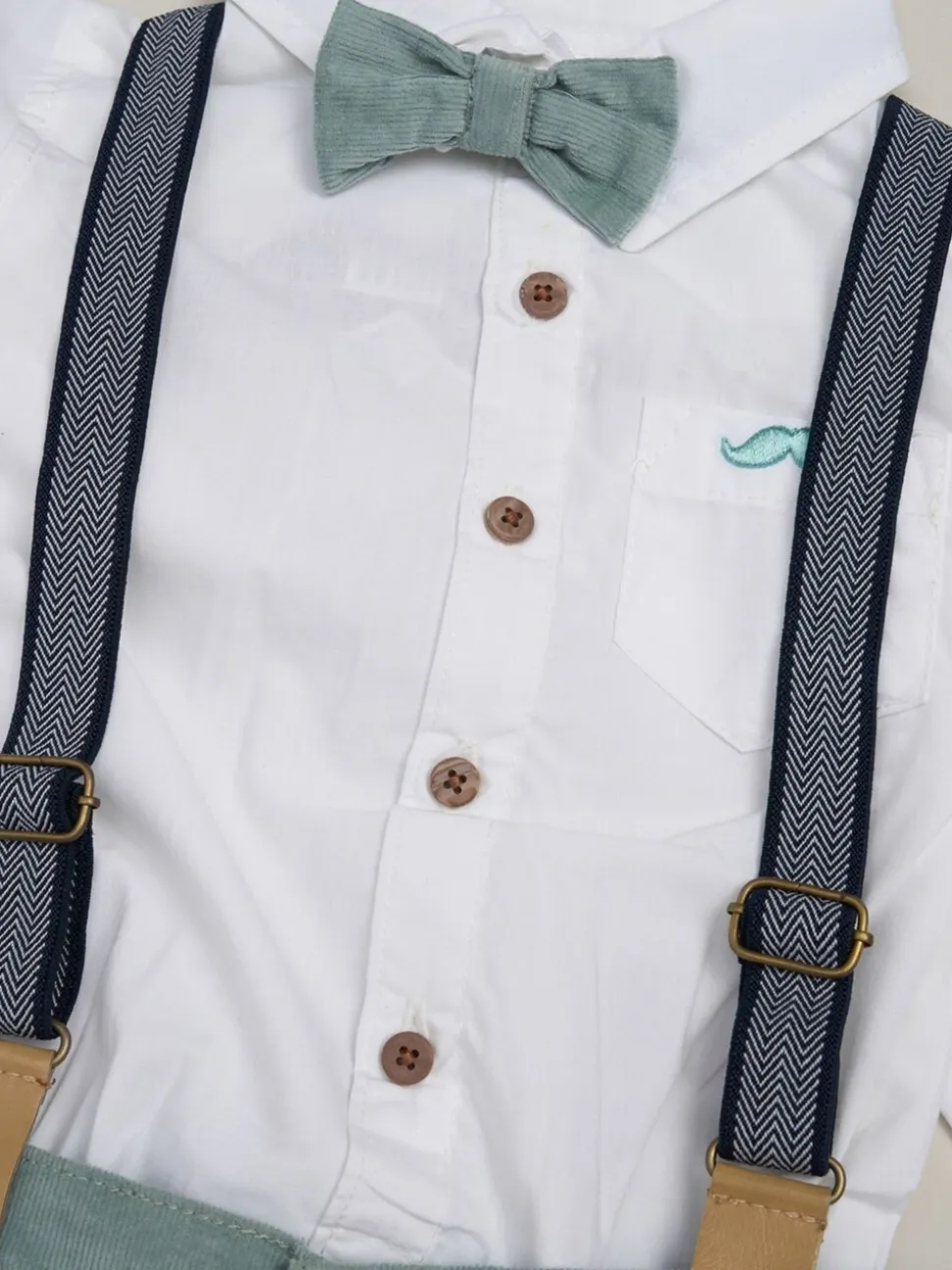 Donkergroen - Little Gent Corduroy Bow Tie Mock Shirt and Trousers With Braces Outfit Set