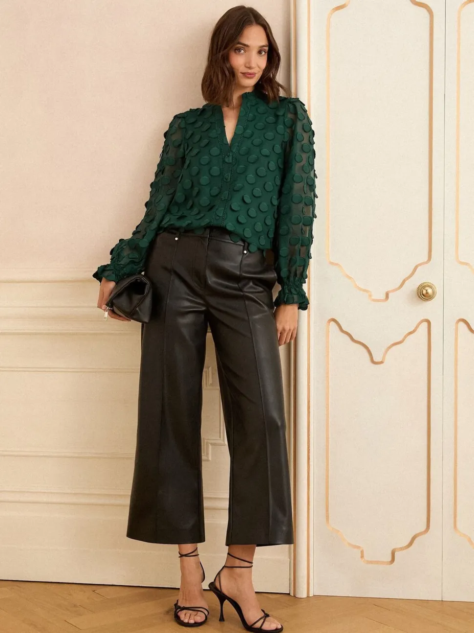 Donkergroen - Love & Roses 3D blouse met lange mouwen en stippen