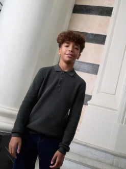 Donkergroen - Poloshirt met textuur en lange mouwen (3-16jr)